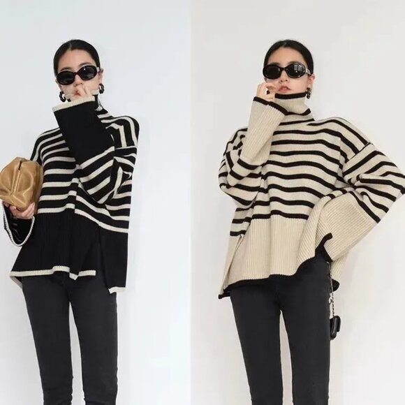 unbranded Sweaters - Oversized Striped Turtleneck Sweater Womens Fashionable Knitwear Loose Fit